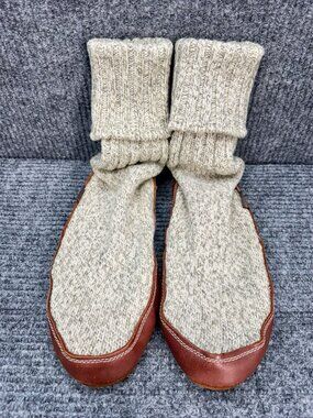 Acorn Slipper-Socks Wool Leather Mens 7.5-8.5/ Womens 9-10 Cream Ragg Suede Sole